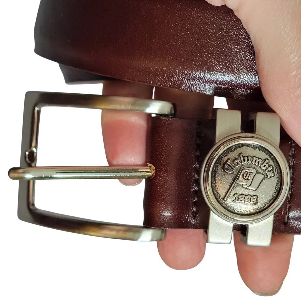 YRI Mens‎ Brown Leather Belt Solid Brass Silver Buckle Columbia Country Club 36